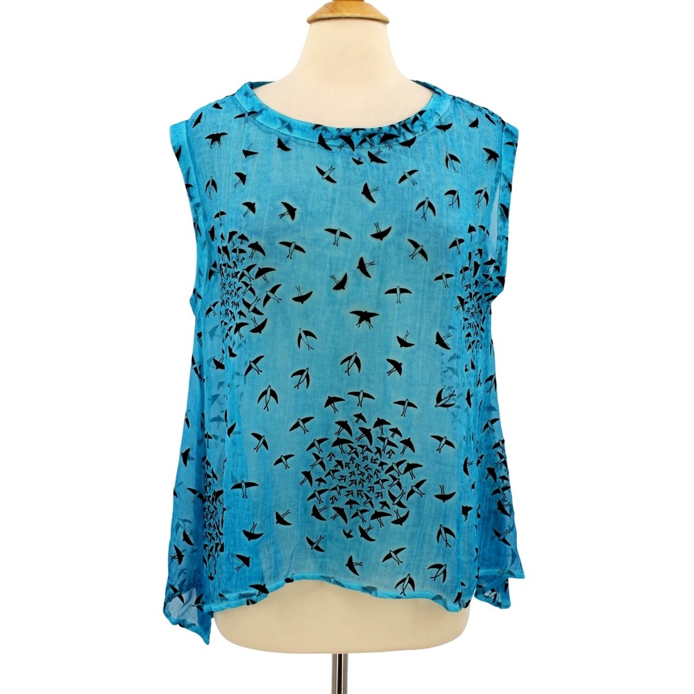 Yauvan Sleeveless Blouse Womens M/L NWT Blue Sheer Velvet Birds Print